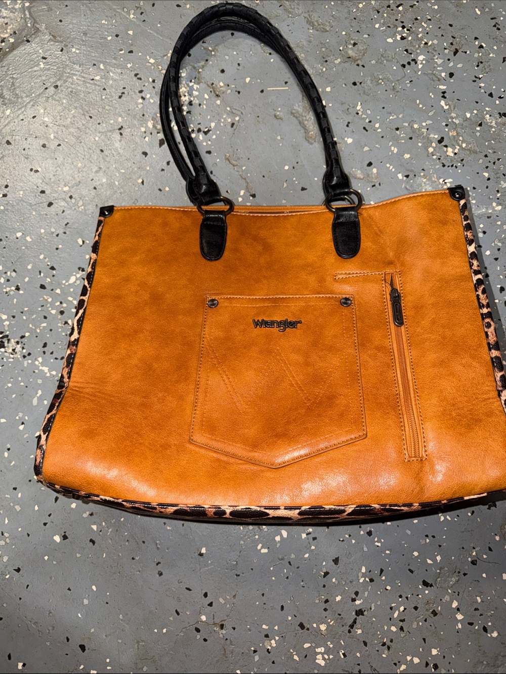 Wrangler Tan Leather-Look Tote with Black Handles and Leopard Trim